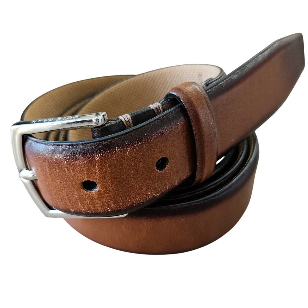 Cole Haan Mens Size 42 Brown Genuine Leather Dress Belt Silver Hardware